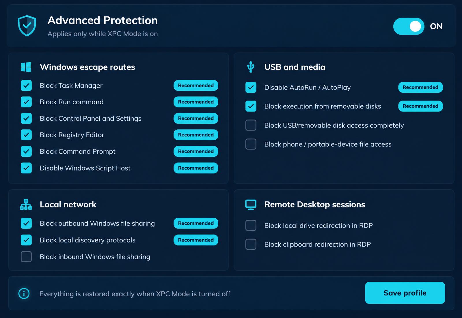 The Advanced Protection settings panel in XPC Portal, with a master switch and grouped tick boxes