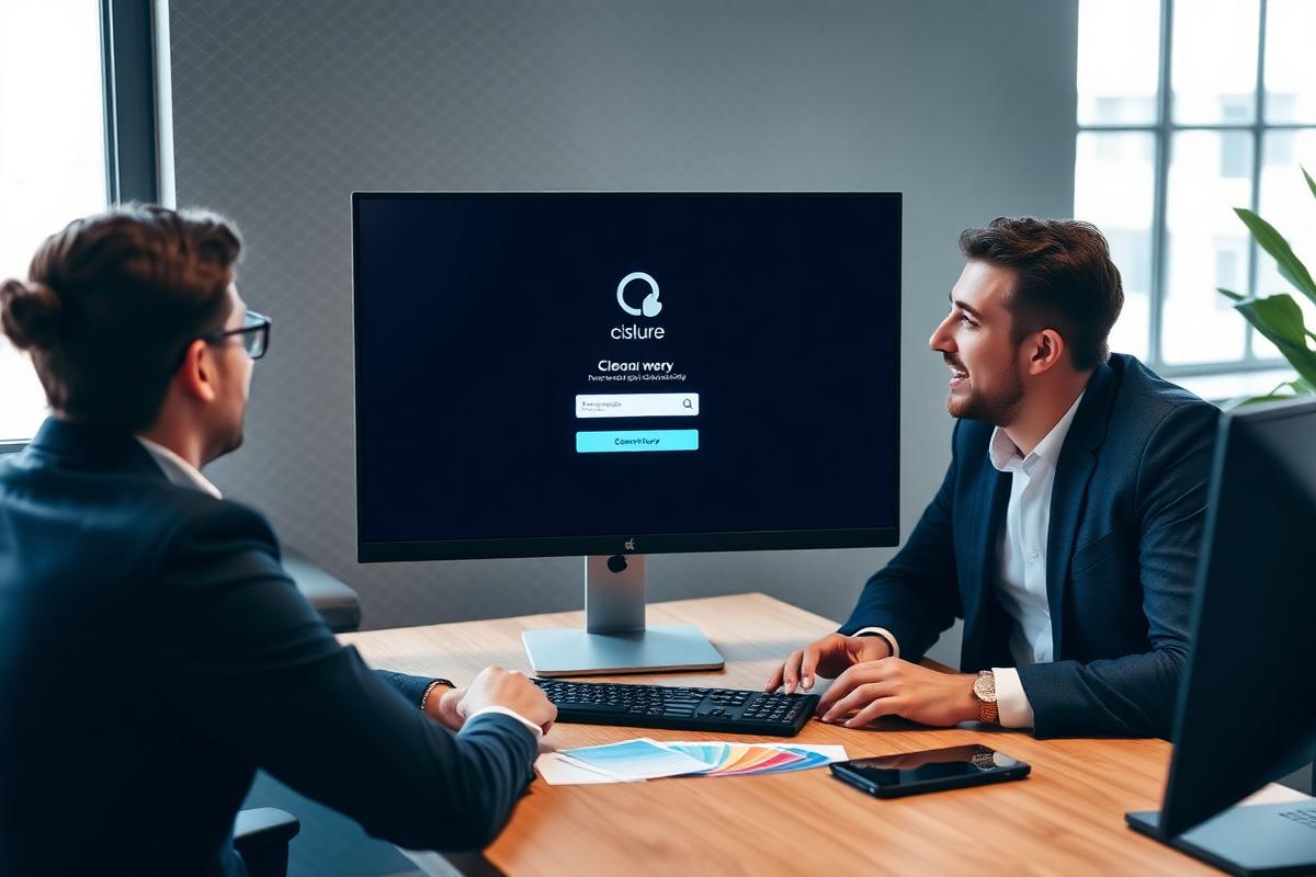 A designer and IT manager reviewing a branded endpoint interface on a large monitor