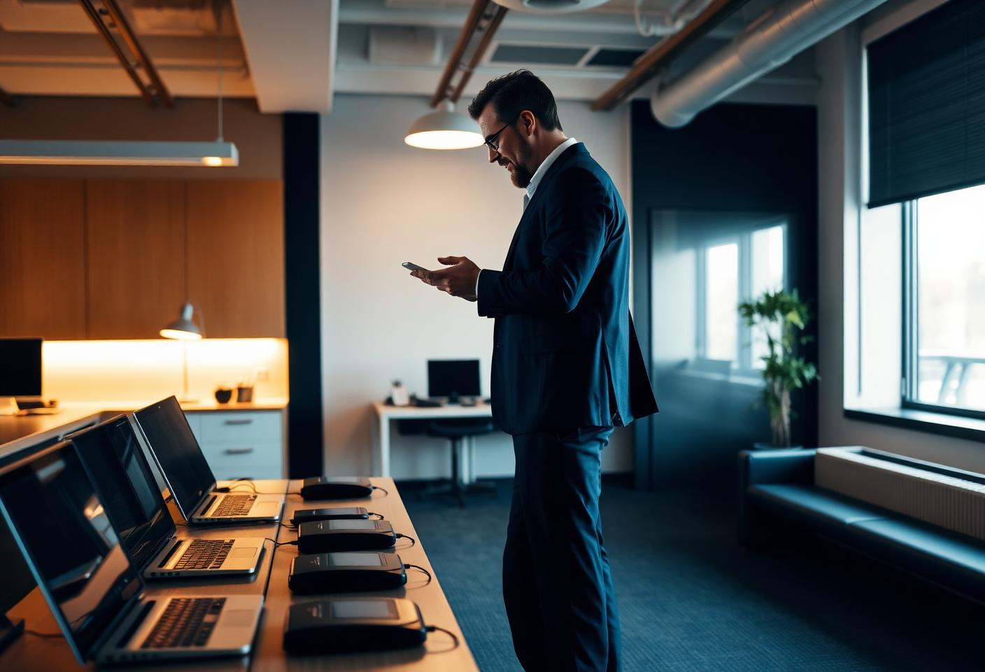 An IT decision-maker reviewing several endpoint devices on a bench in a modern office