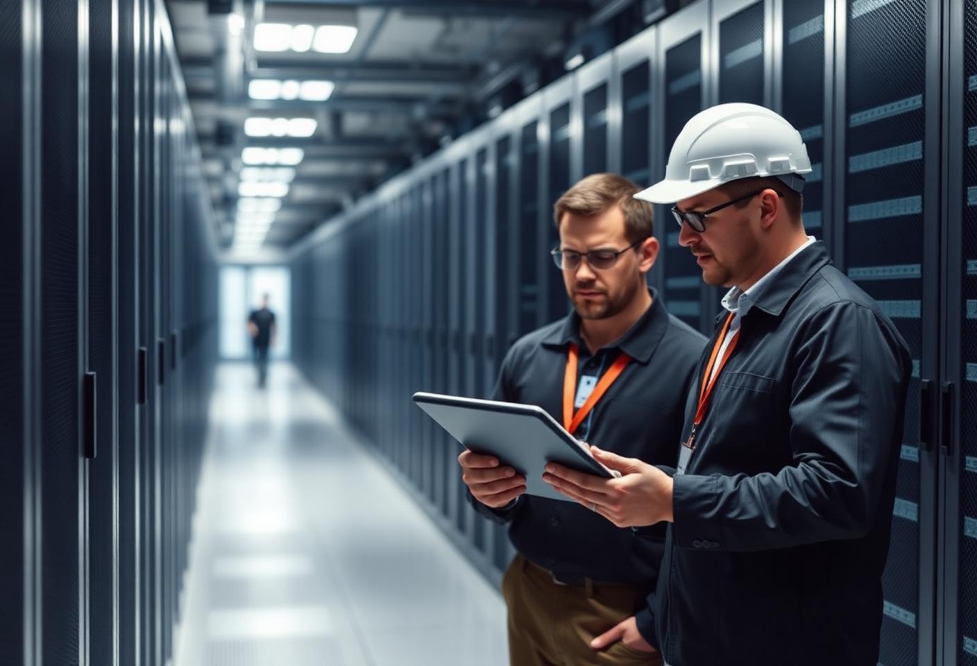 Enterprise IT engineers reviewing an endpoint operating system rollout in a data centre corridor