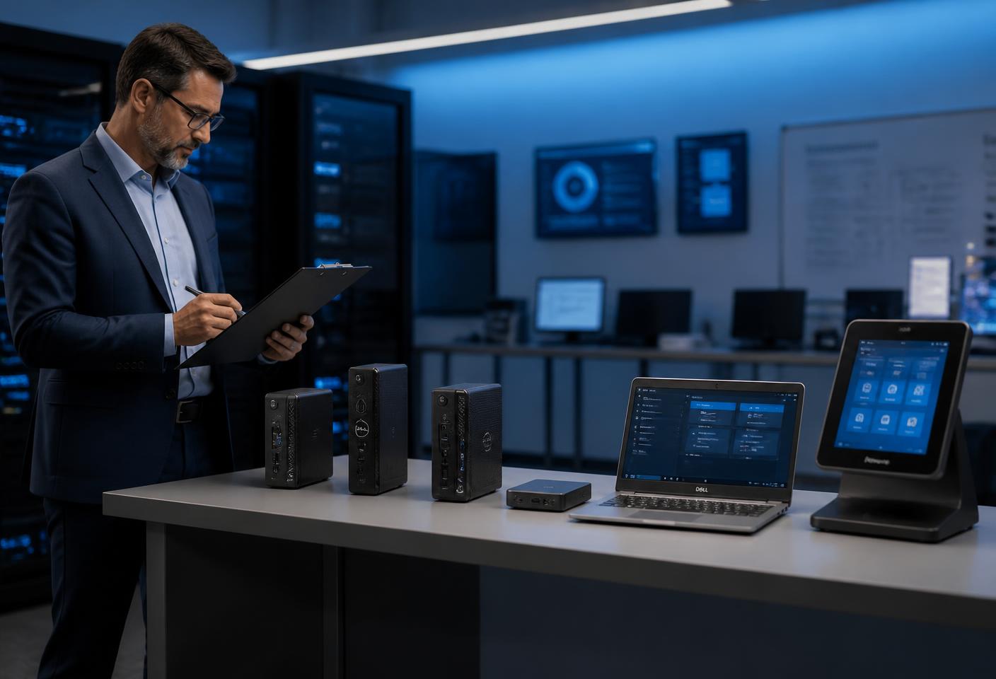 An IT architect reviewing a bench of different endpoint devices in a modern IT lab