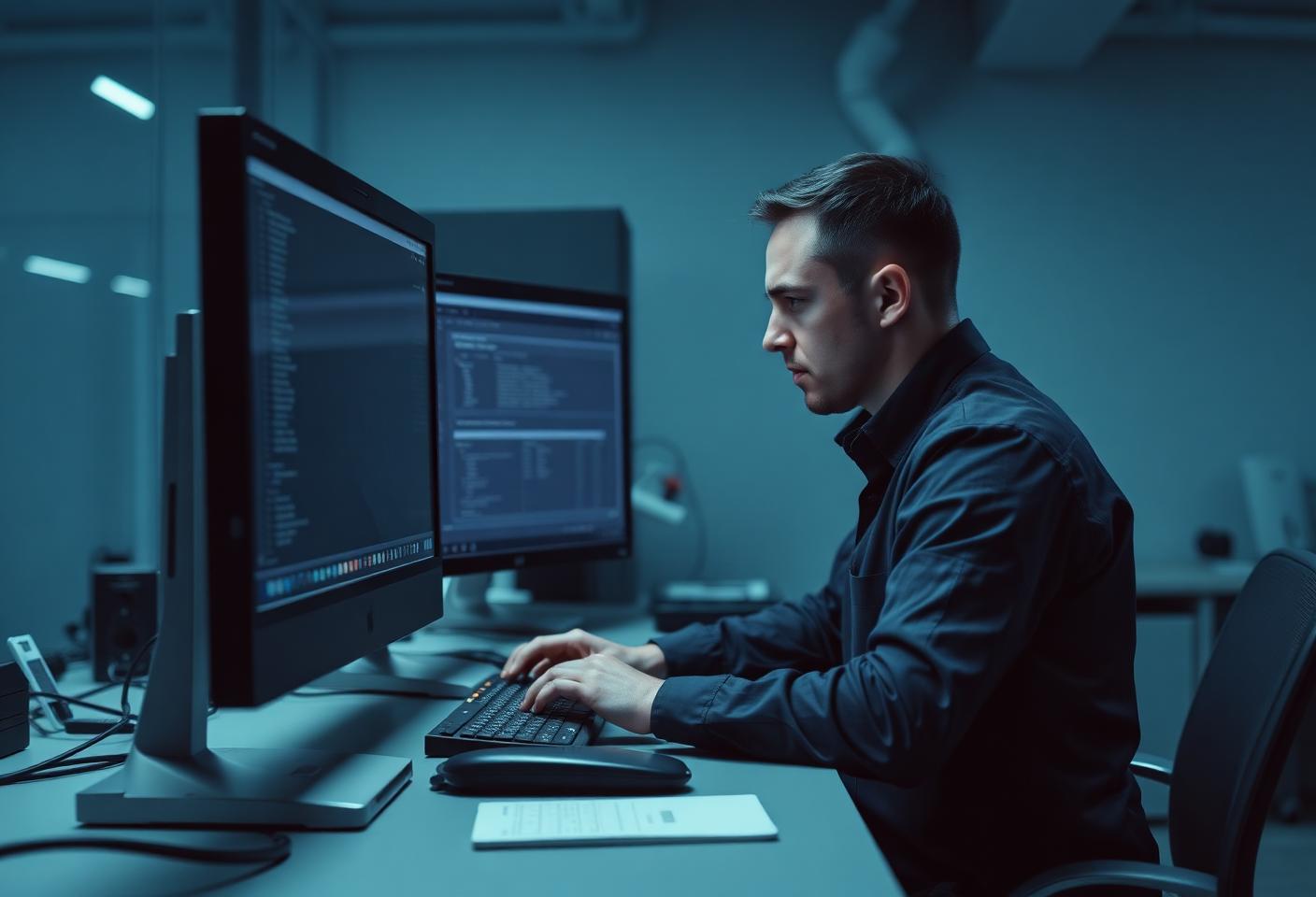 A technician at a workbench re-imaging a desktop PC with a management console on screen