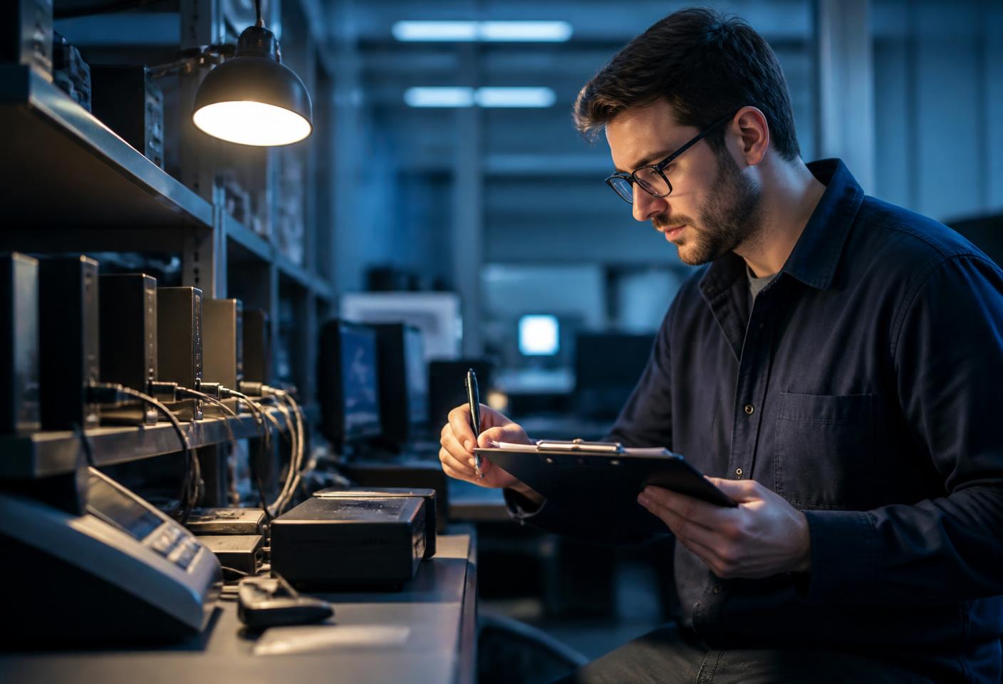 An IT engineer validating thin-client hardware and peripherals at a test bench