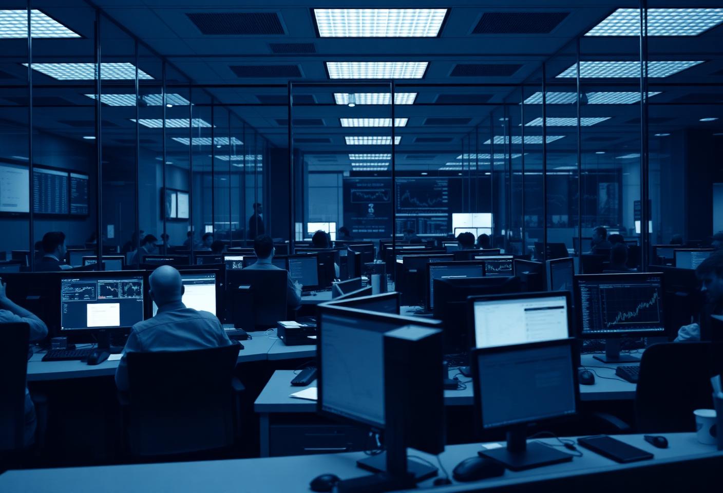 A financial services office with analysts at multi-monitor desktop workstations