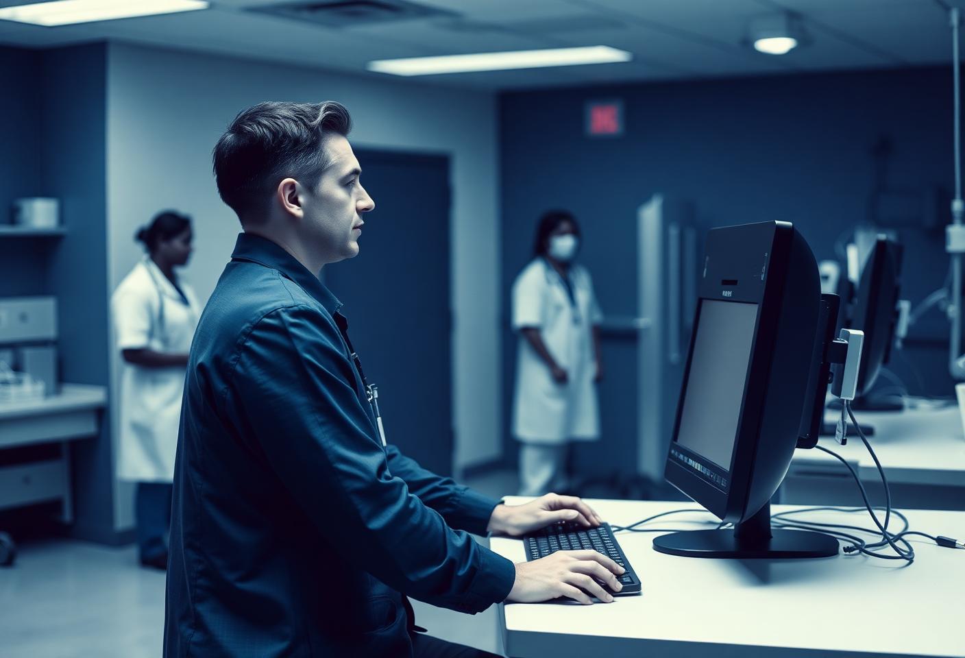 A clinical workstation in a hospital ward being used by a member of staff