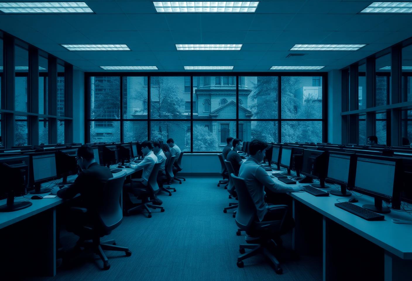A university open-access computer lab with rows of desktop PCs and students studying