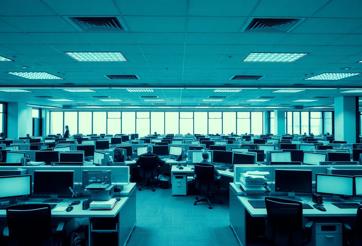 A large enterprise office floor with many identical desktop PCs across departments