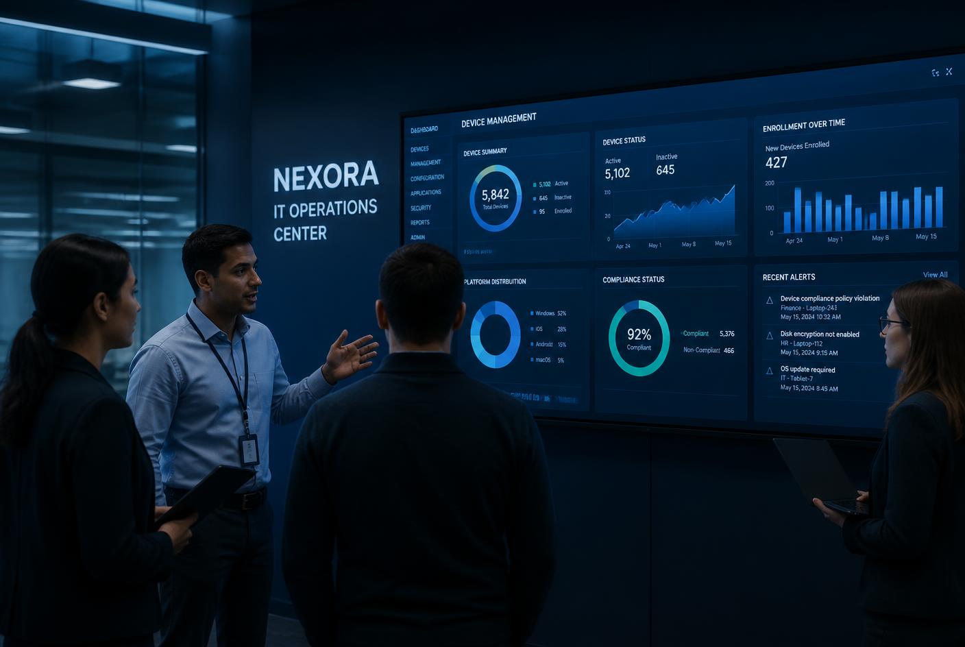 An IT operations team reviewing endpoint management dashboards