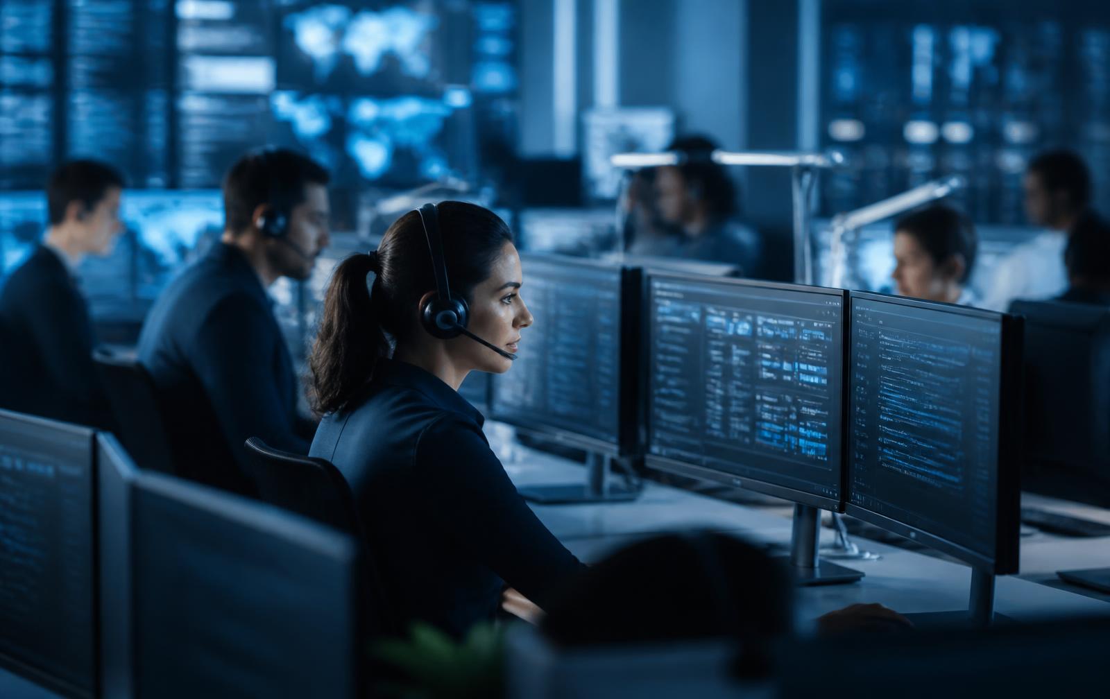 A service desk analyst helping a colleague at a desktop workstation