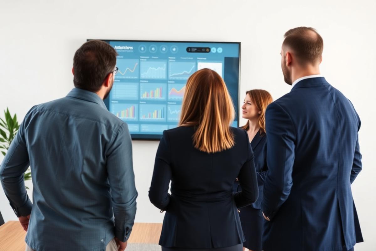 A managed service provider leadership team reviewing a multi-customer endpoint dashboard
