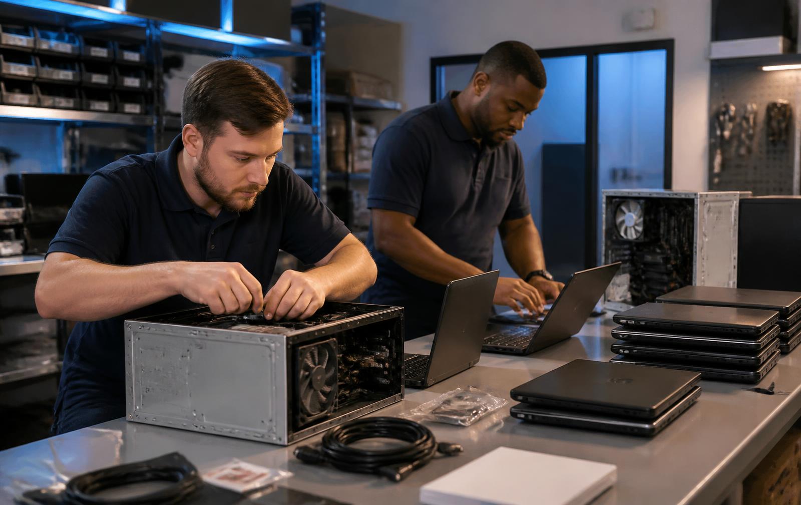 Technicians preparing PCs and laptops for a customer deployment