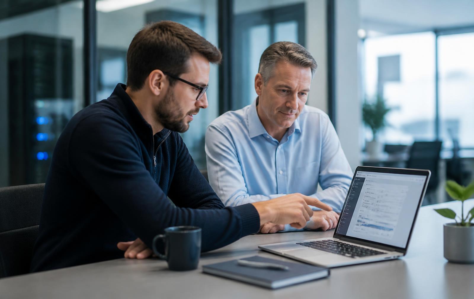 An MSP technician reviewing an endpoint management dashboard with a business customer