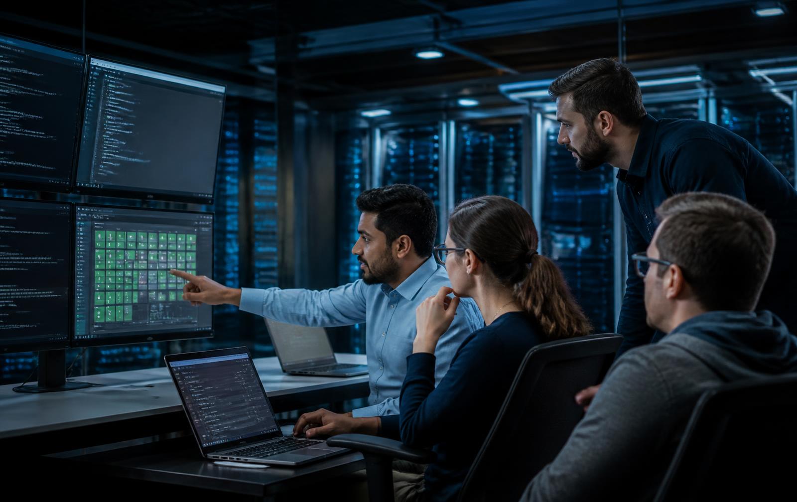An IT service provider team reviewing endpoint status across several screens