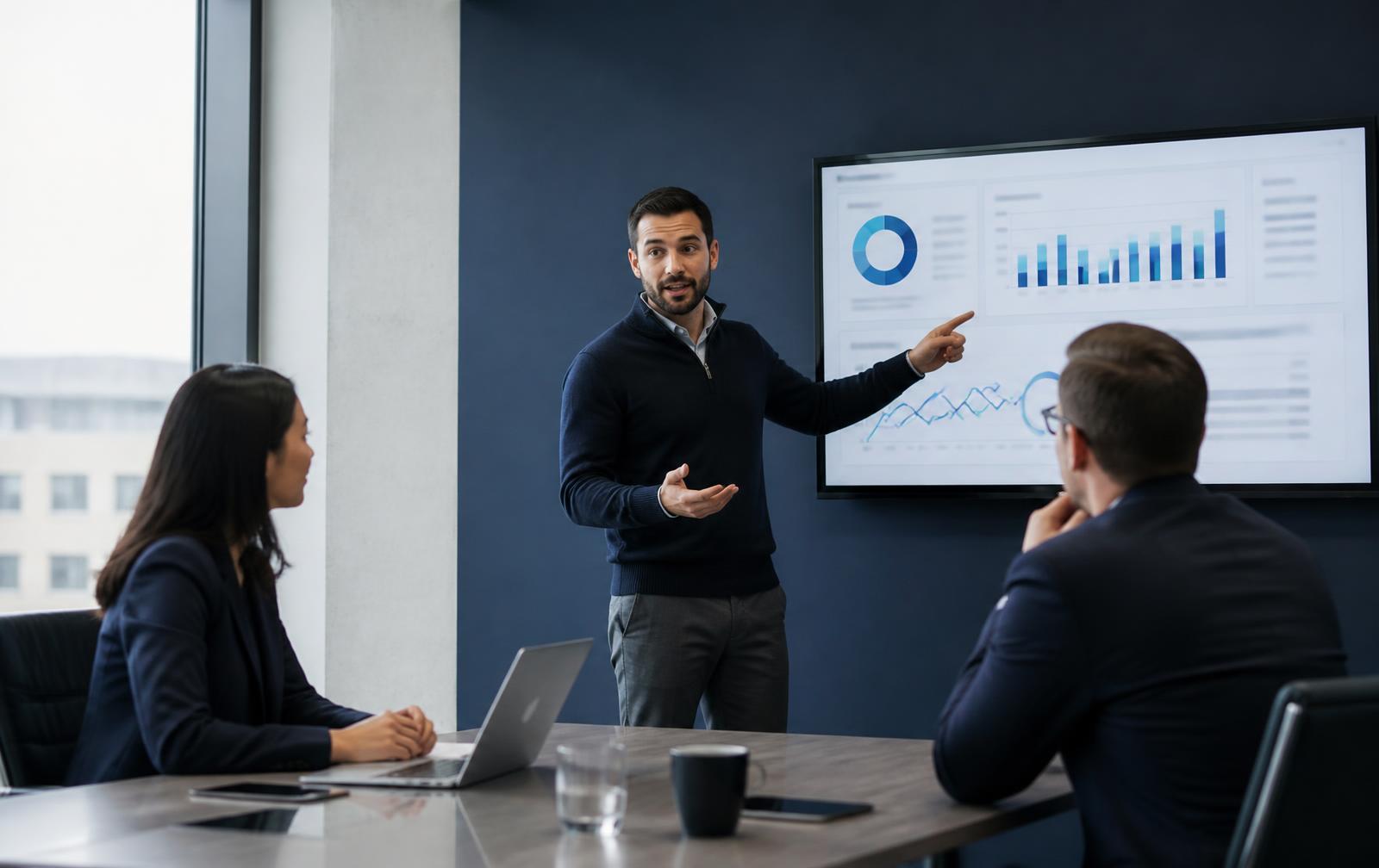 A technology consultant presenting endpoint fleet information to business customers