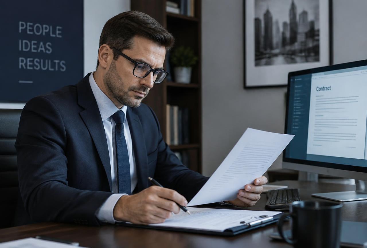 A business professional reviewing an agreement at a desk beside a desktop PC monitor