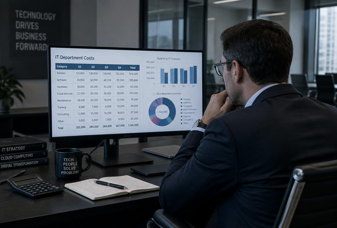 An IT manager reviewing endpoint cost figures and charts on a desktop PC monitor