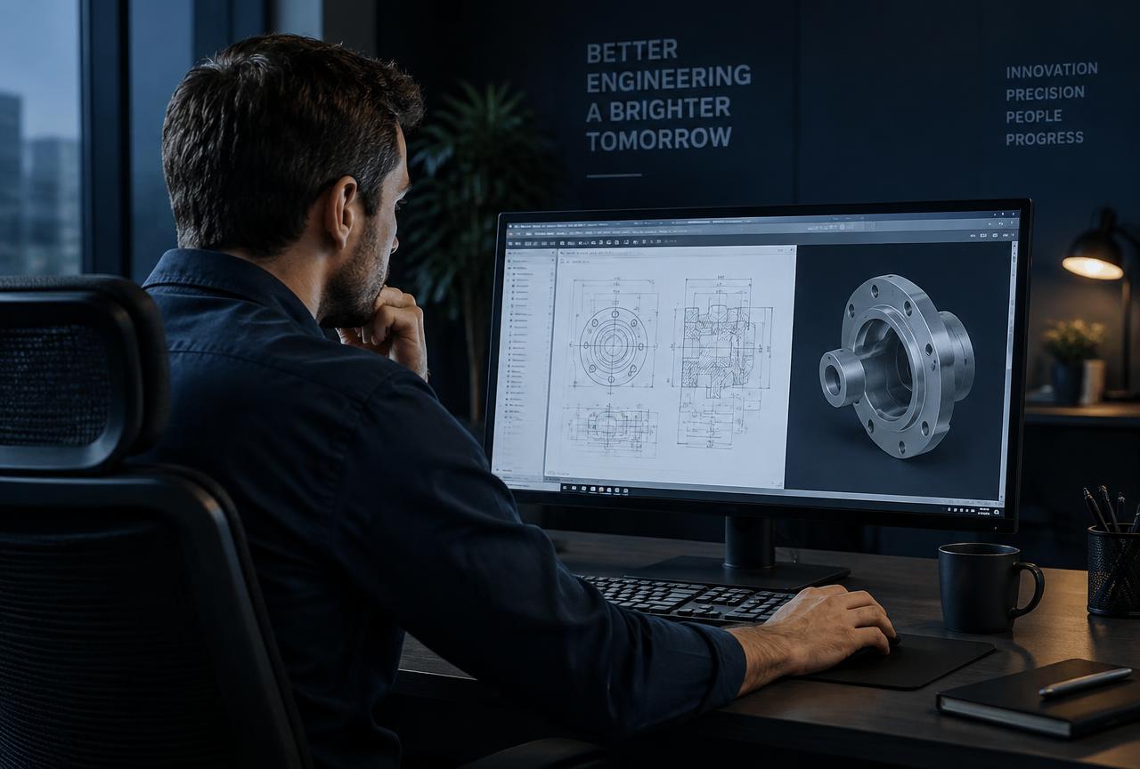 An engineer reading technical documentation on a desktop PC monitor in a modern office