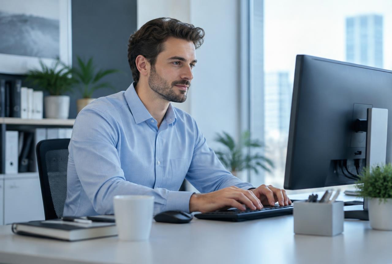 An office worker using a desktop PC at a tidy workspace in a bright modern office