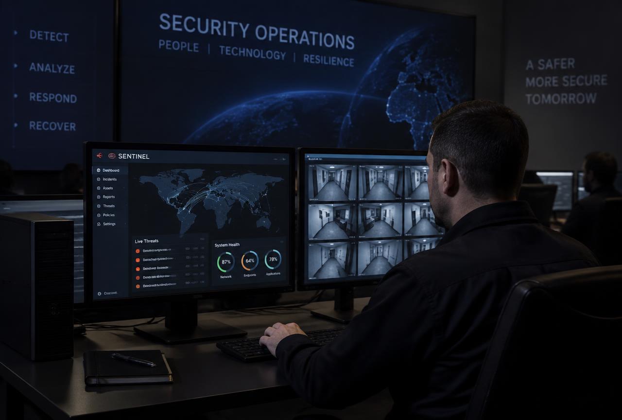 A security technician monitoring endpoint dashboards on dual monitors in a security operations room