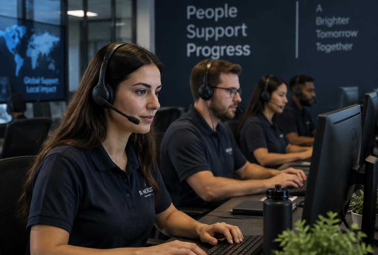 A service desk team wearing headsets working at desktop PCs in a modern support centre