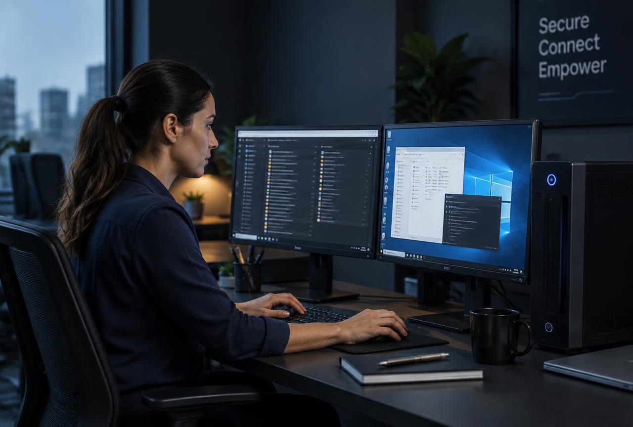 An IT specialist at a desk with a desktop PC and two monitors showing remote desktop sessions