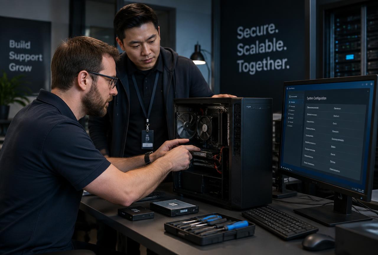 Two IT colleagues configuring a desktop PC at a technical workbench, with settings shown on the monitor