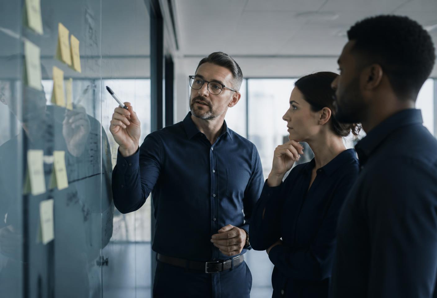 IT leaders planning an endpoint strategy at a whiteboard in a meeting room
