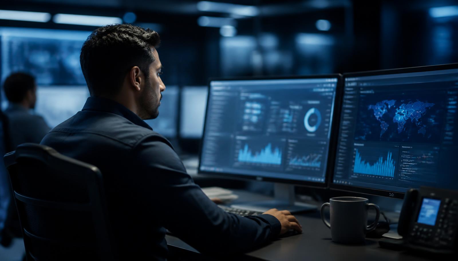 A security specialist reviewing endpoint patch and execution-control dashboards