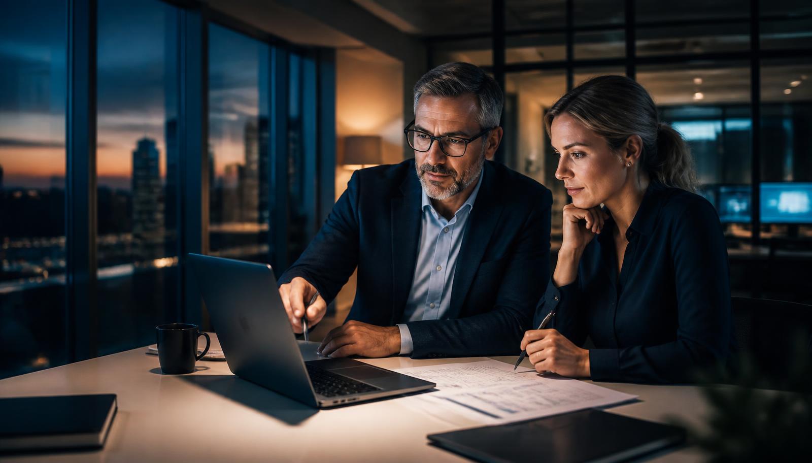 An IT manager and a finance colleague reviewing endpoint costs on a laptop