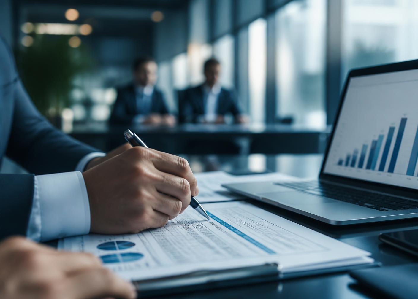 A manager reviewing an endpoint cost model with a bar chart on a laptop
