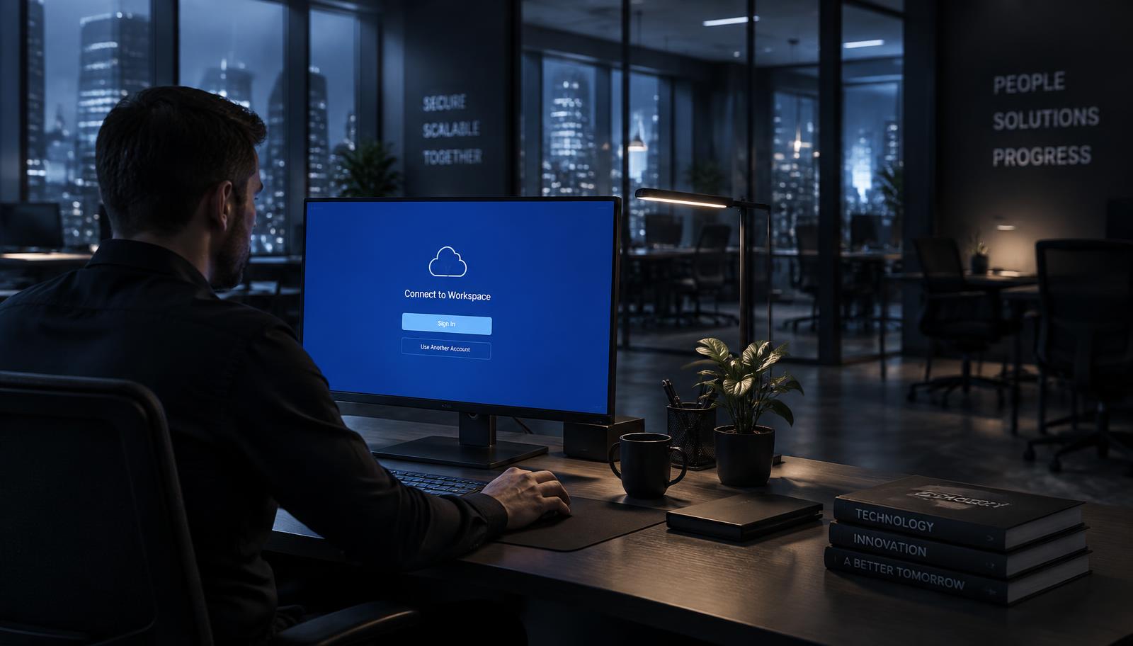 An IT professional at a desk using a Windows PC showing a simple single-purpose connection screen in a modern office