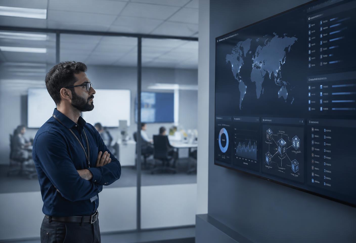A cloud operations engineer reviewing a wall-mounted dashboard of cloud regions and virtual machines