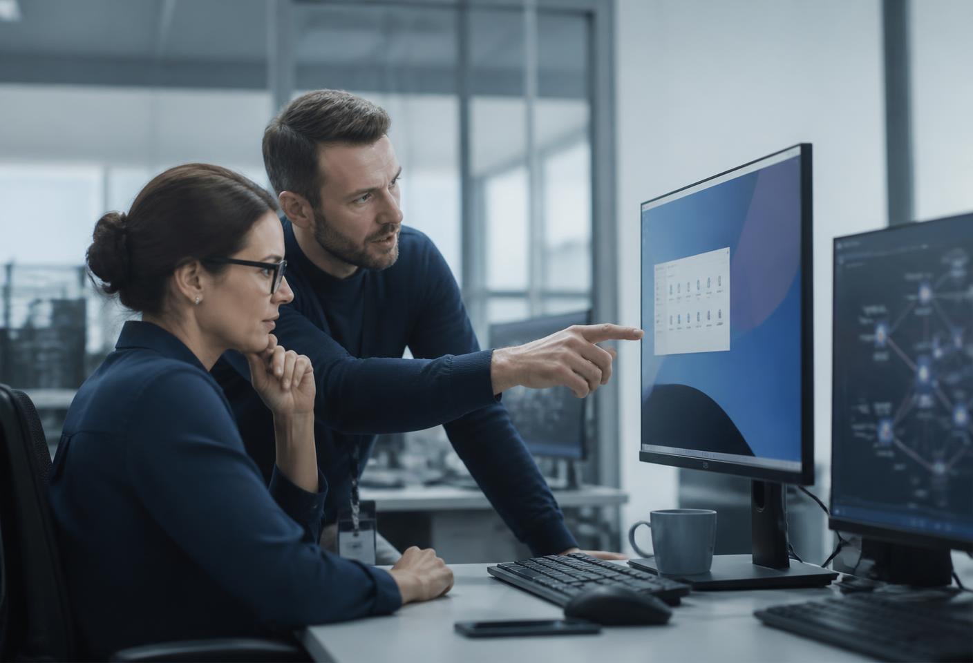 Two IT professionals reviewing a virtual desktop session on a monitor in a modern office