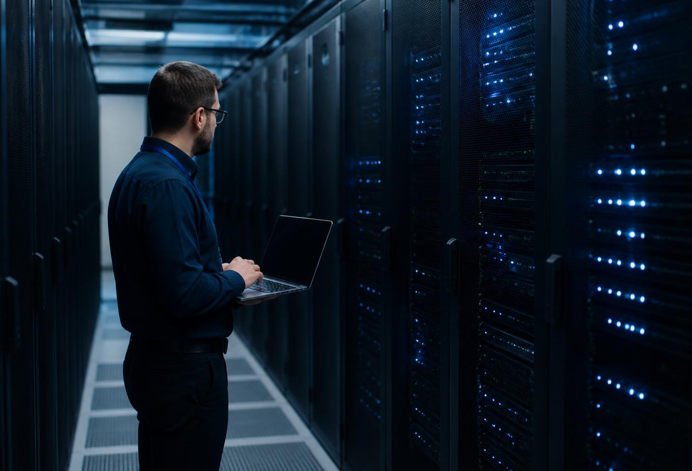 A technician with a laptop working in a server rack corridor lit with cool blue light