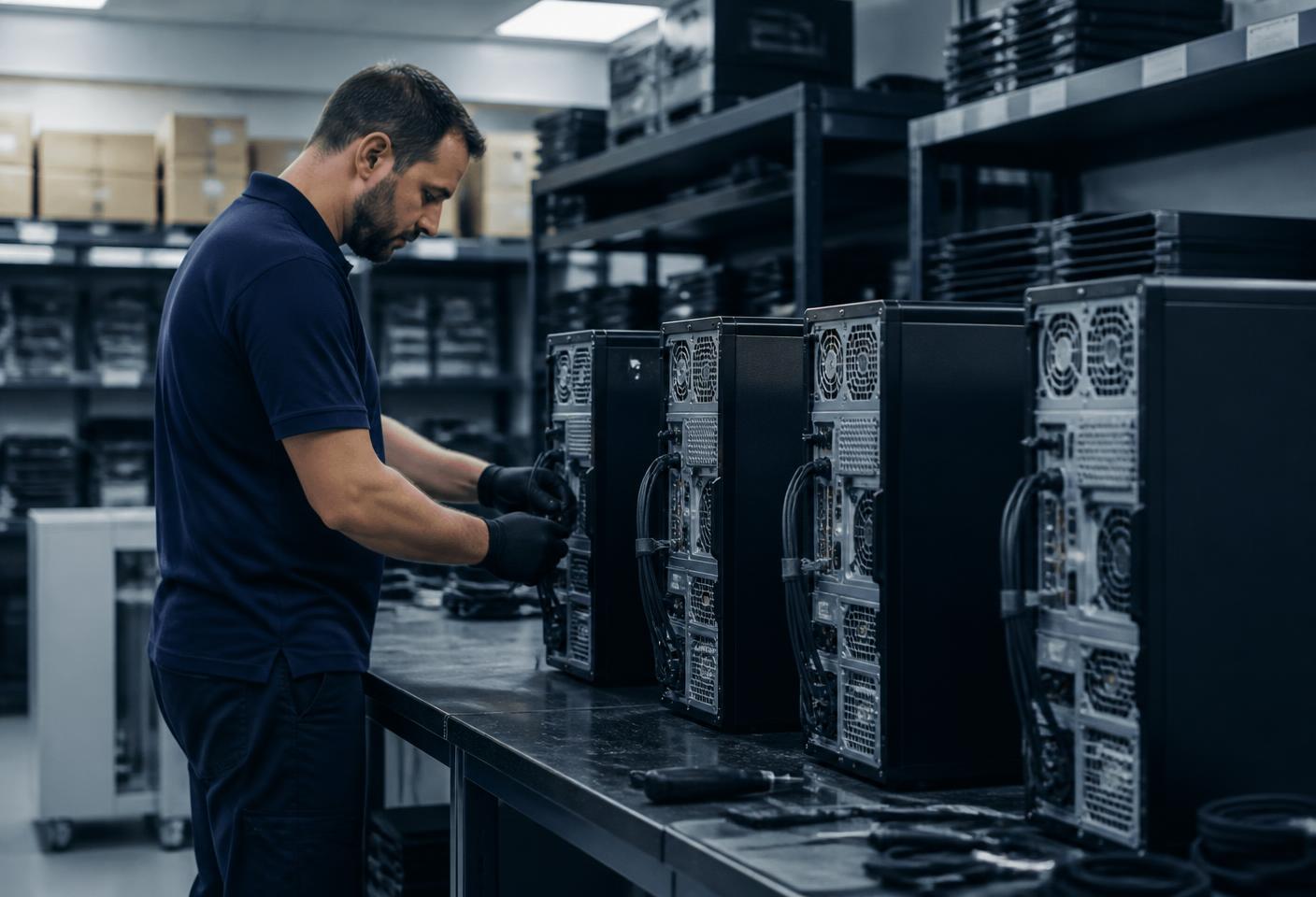 An IT technician preparing several desktop PC towers for redeployment at a workbench