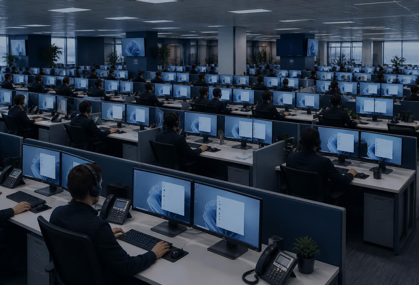 A large open-plan operations floor where every desk shows the same virtual desktop session