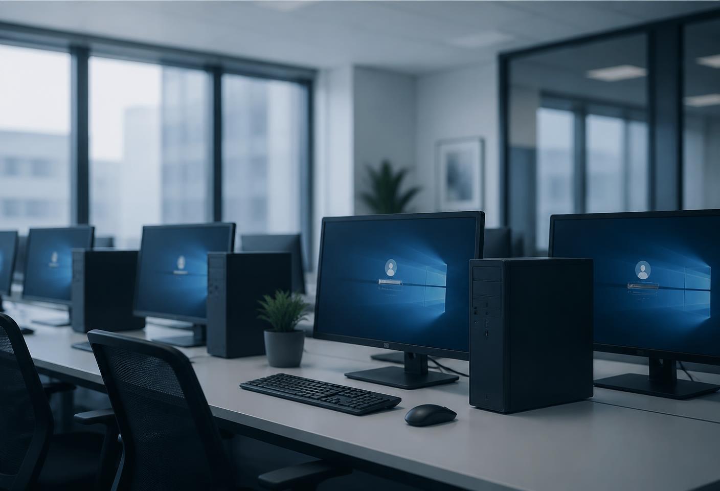 A row of standard Windows desktop PCs on clean office desks showing a single sign-in screen