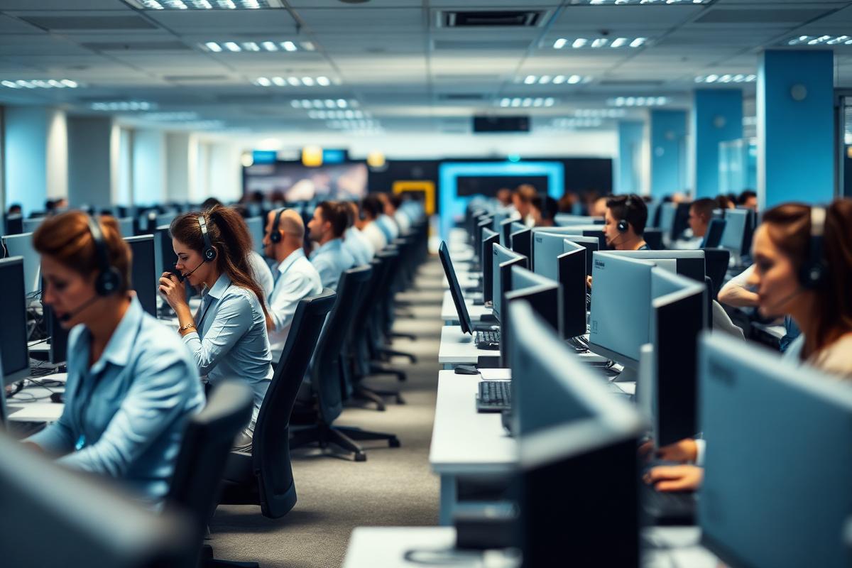 Call centre agents working at identical workstations