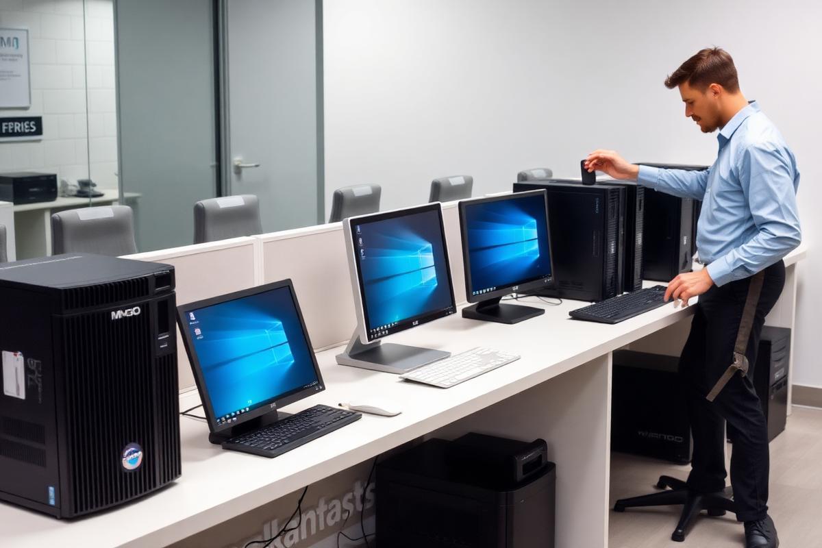 A mixed fleet of Windows desktop PCs on a technician's bench