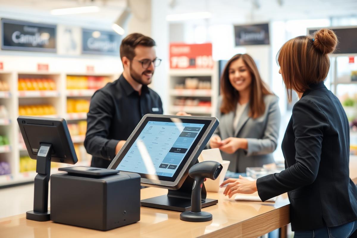 A retail point-of-sale counter with a touchscreen terminal, printer and scanner