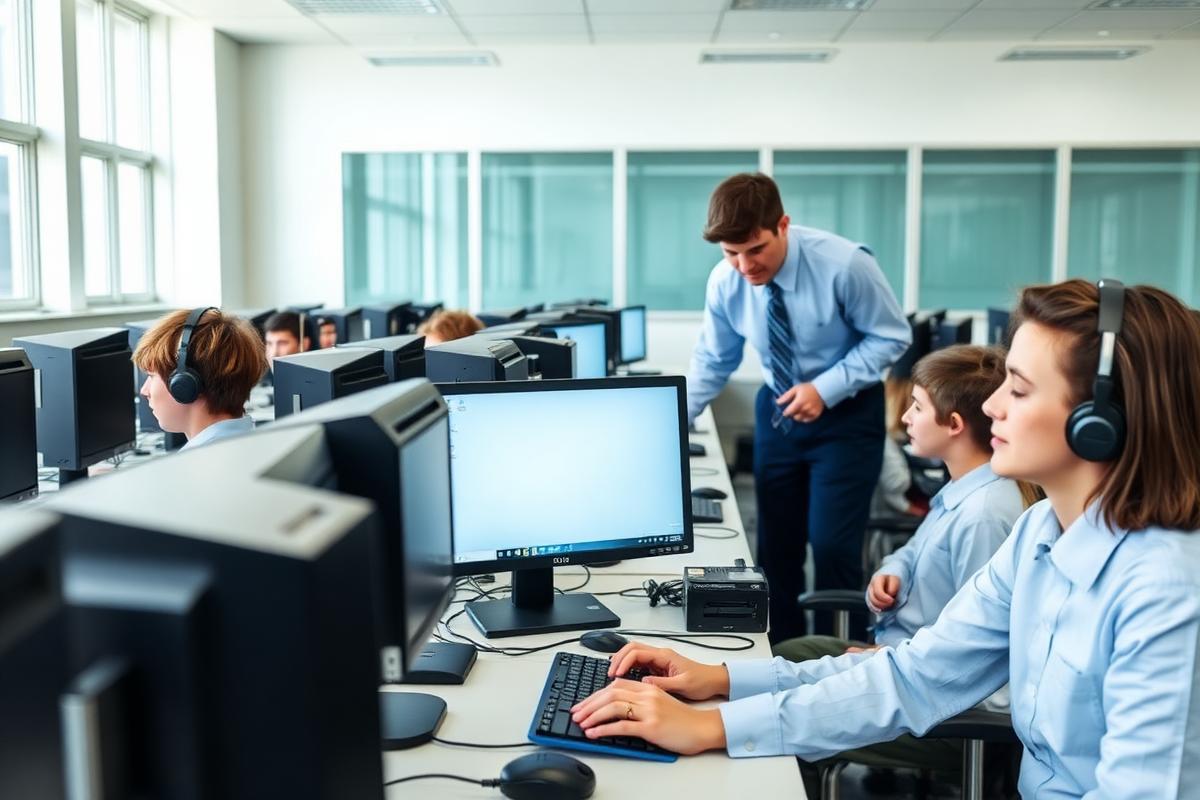 Students working at desktop PCs in a bright school computer lab with a teacher assisting