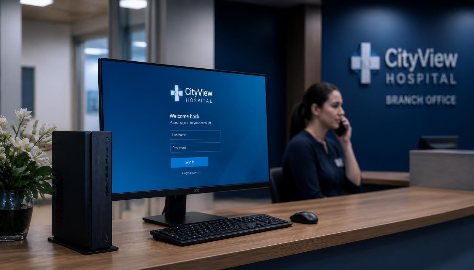 A branch reception desk with a Windows endpoint showing a simple sign-in screen
