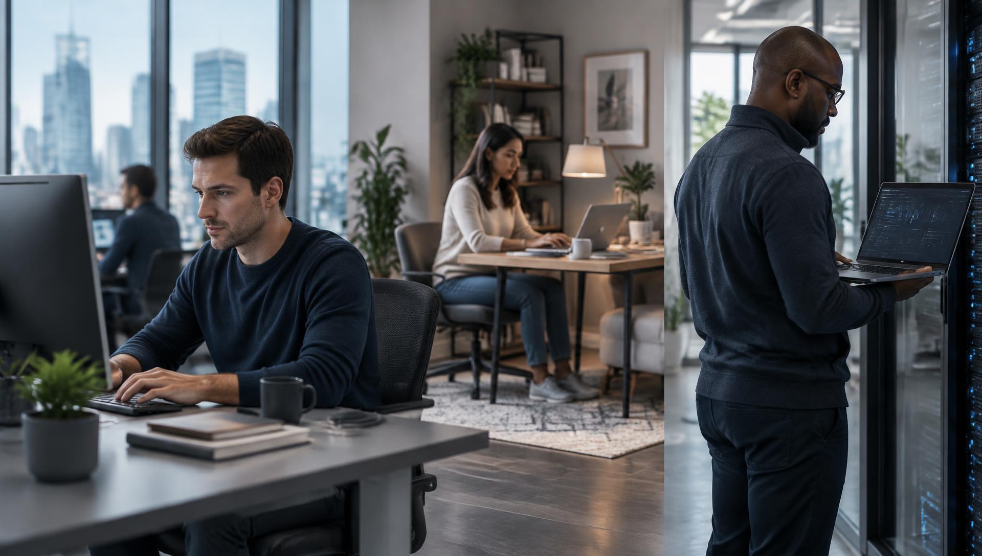 An office worker, a remote worker and an IT administrator each working on Windows endpoints.