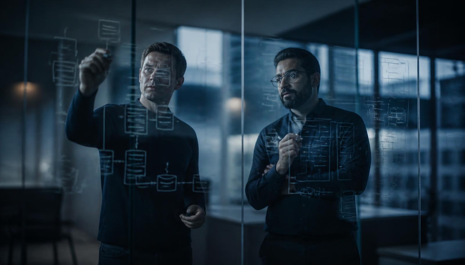 Two IT architects comparing endpoint architectures drawn on a glass wall